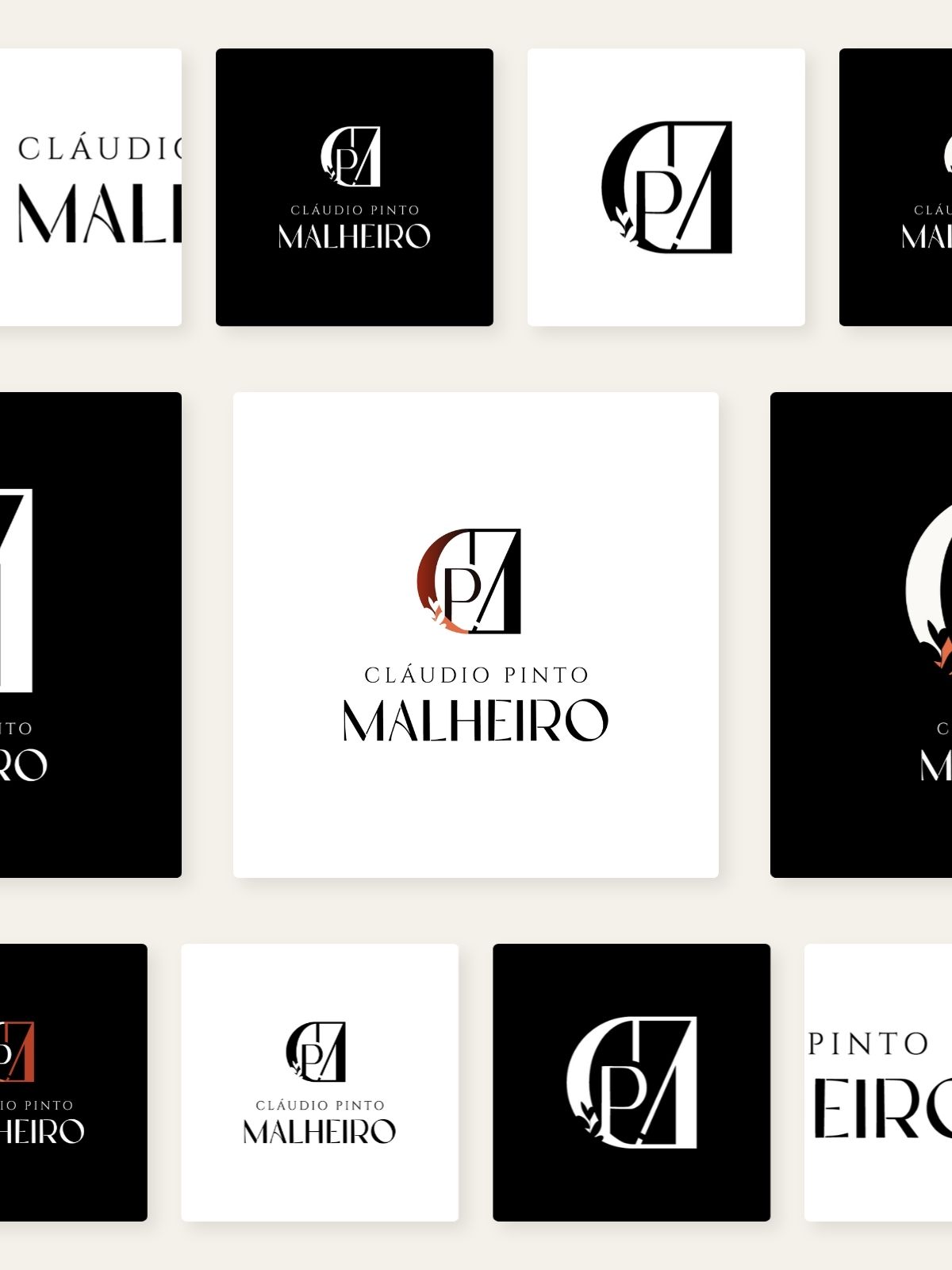 Grelha de variações do monograma e logótipo Cláudio Pinto Malheiro