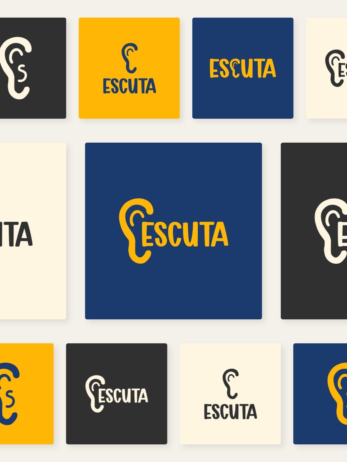Grelha de variações do logótipo ESCUTA em diferentes fundos