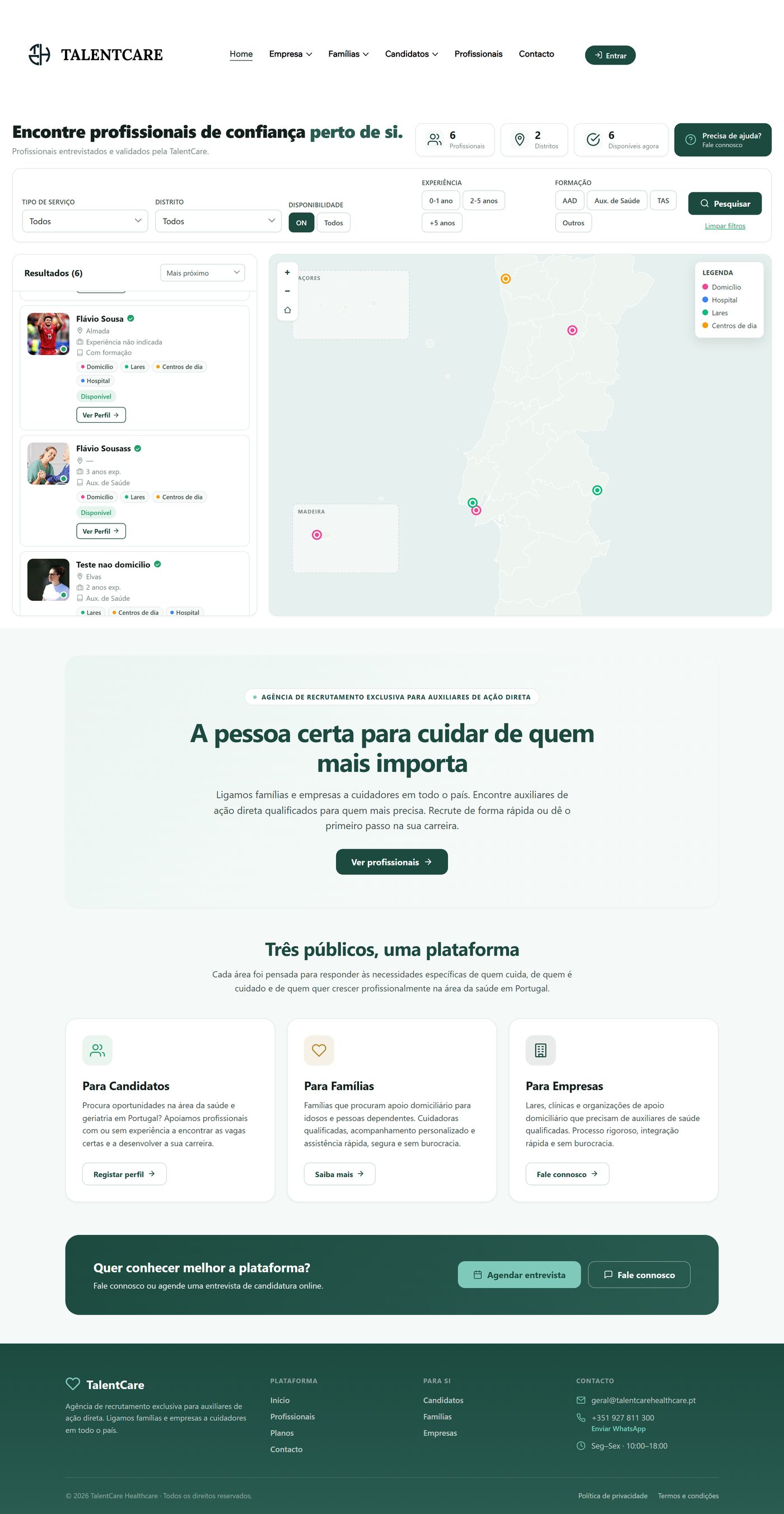 Página do site Talent Care Healthcare